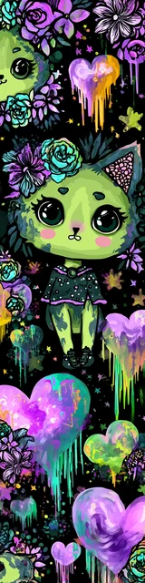 Free kawaii cats bookmark featuring a green slime cat with hearts in a Hawaii theme